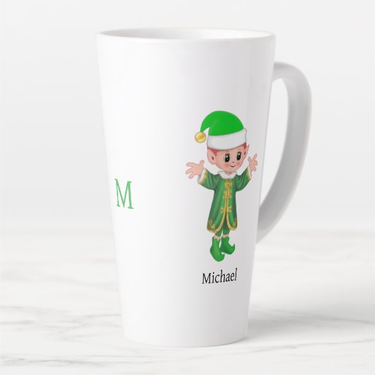 Modern Good Luck Elf with Script and Monogram カフェラテマグ (右アングル)