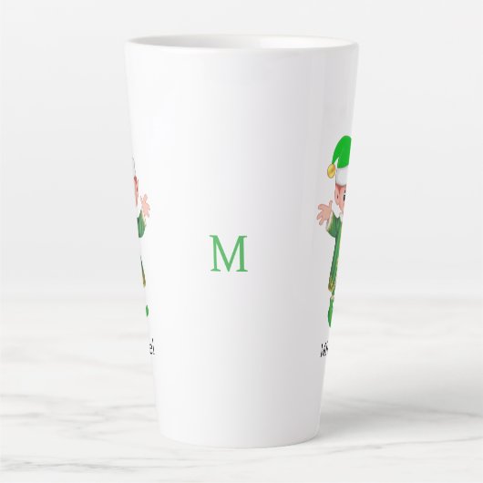 Modern Good Luck Elf with Script and Monogram カフェラテマグ (正面)