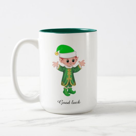 Modern Good Luck Elf with Script and Monogram Mug ツートーンマグカップ (左)