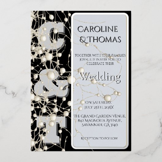 Modern Gothic Chic Pearl Gold Script Wedding 箔招待状 (正面)