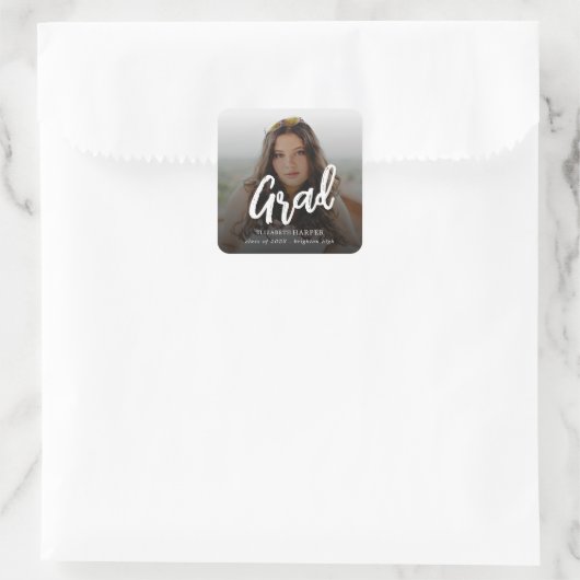 Modern Grad Brush Script Photo Graduation スクエアシール (バッグ)