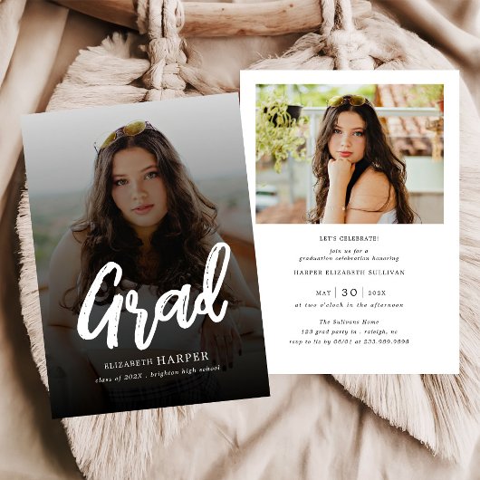 Modern Grad Brush Script Photo Graduation 招待状