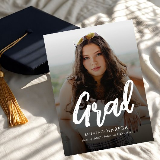 Modern Grad Brush Script Photo Graduation 案内状