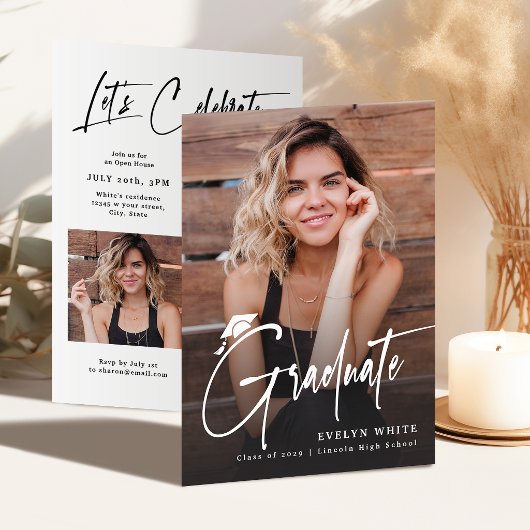 Modern Grad Cap Script 4 Photo Simple Graduation 招待状