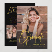 Modern Grad Cap Script 4 Photo Simple Graduation 招待状 (正面/裏面)