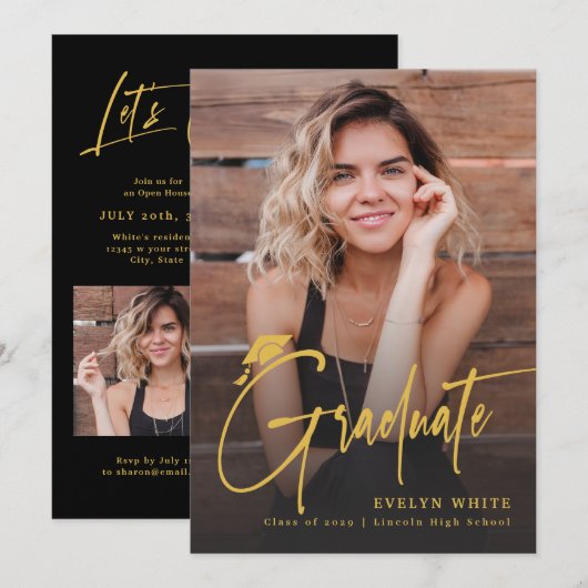 Modern Grad Cap Script 4 Photo Simple Graduation 招待状 (正面/裏面)