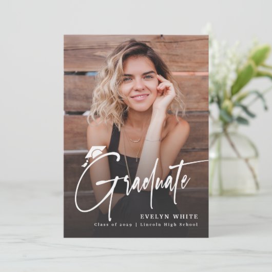 Modern Grad Cap Script 4 Photo Simple Graduation 招待状 (スタンド正面)