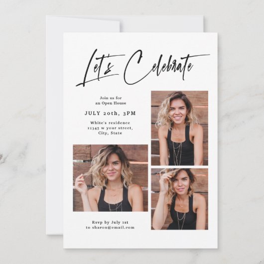 Modern Grad Cap Script 4 Photo Simple Graduation 招待状 (裏面)