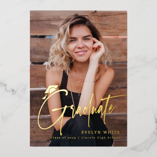 Modern Grad Cap Script 4 Photo Simple Graduation 箔招待状 (正面)