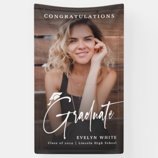 Modern Grad Cap Script Photo Graduation Party 横断幕 (縦)