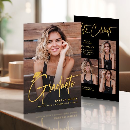 Modern Grad Cap Script Photo Simple Graduation 招待状