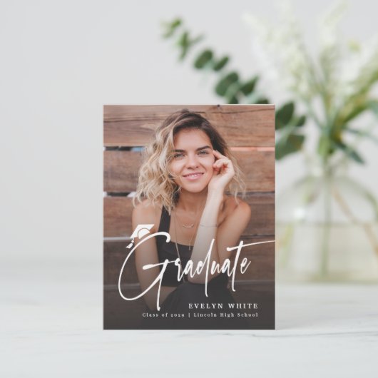 Modern Grad Cap Script Simple Photo Graduation ポストカード (スタンド正面)