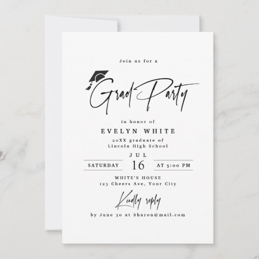 Modern Grad Cap Signature Script Simple Graduation 招待状 (正面)