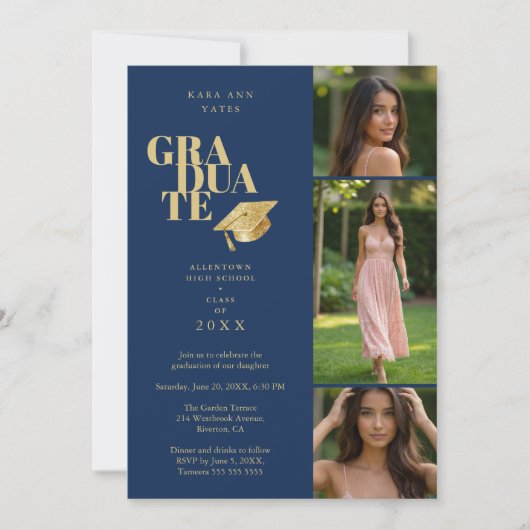 Modern Graduate Collage 3-Photos Navy Blue & Gold 招待状 (正面)