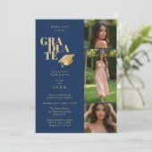 Modern Graduate Collage 3-Photos Navy Blue & Gold 招待状 (スタンド正面)