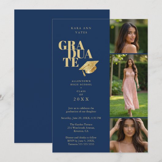 Modern Graduate Collage 3-Photos Navy Blue & Gold 招待状 (正面/裏面)