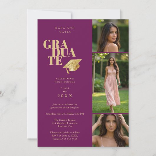 Modern Graduate Collage 3-Photos Plum & Gold 招待状 (正面)