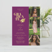 Modern Graduate Collage 3-Photos Plum & Gold 招待状 (スタンド正面)