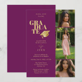 Modern Graduate Collage 3-Photos Plum & Gold 招待状 (正面/裏面)