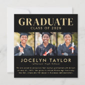 Modern Graduate Elegant Black 4 Photo Graduation 案内状 (正面)