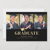 Modern Graduate Elegant Black 4 Photo Graduation 案内状 (正面)