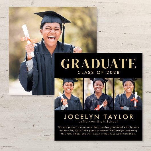 Modern Graduate Elegant Black 4 Photo Graduation 案内状