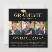 Modern Graduate Elegant Black 4 Photo Graduation 案内状 (正面)