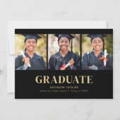 Modern Graduate Elegant Black 4 Photo Graduation 案内状 (正面)