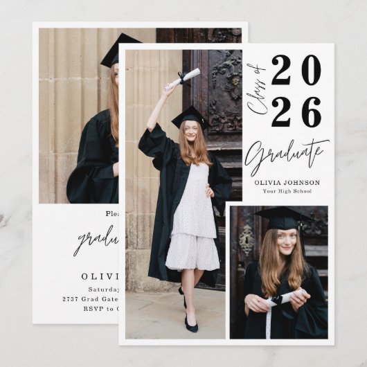 Modern Graduate Script 3 Photo Graduation Party 招待状 (正面/裏面)