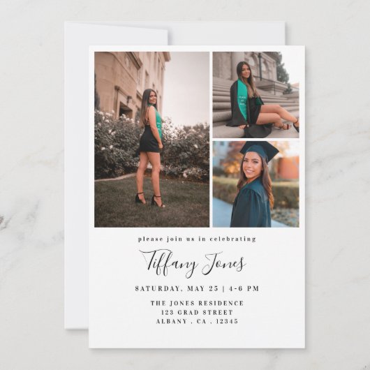 Modern Graduate White Script 4 Photos Graduation   招待状 (裏面)