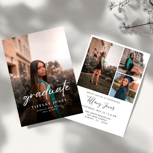 Modern Graduate White Script 4 Photos Graduation   招待状