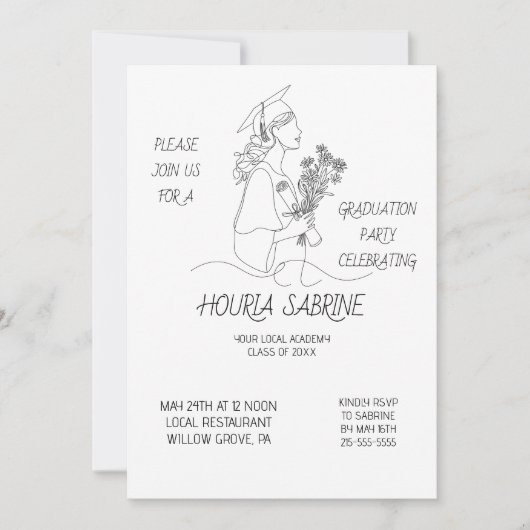 Modern Graduation Black & white line art graduate  招待状 (正面)