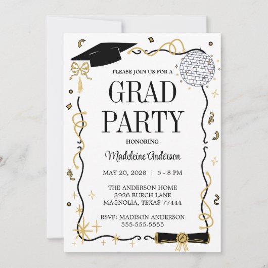 Modern Graduation Cap  and Tassel Photo Gold 招待状 (正面)