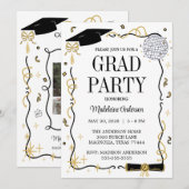 Modern Graduation Cap  and Tassel Photo Gold 招待状 (正面/裏面)