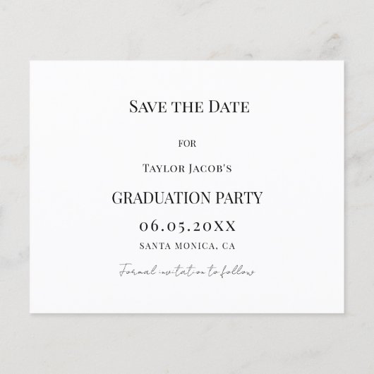 Modern Graduation Party guy budget Save the Date チラシ (裏面)