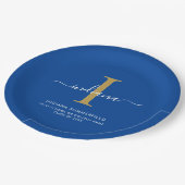 Modern Graduation Party Monogram Blue Minimalist ペーパープレート (アングル)