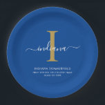 Modern Graduation Party Monogram Blue Minimalist ペーパープレート<br><div class="desc">Graduation 2026 Monogram Script Initial Name Grad Party Blue paper plates. Edit and customize with your own name, initial, school name and class by clicking the "Personalize" button.</div>