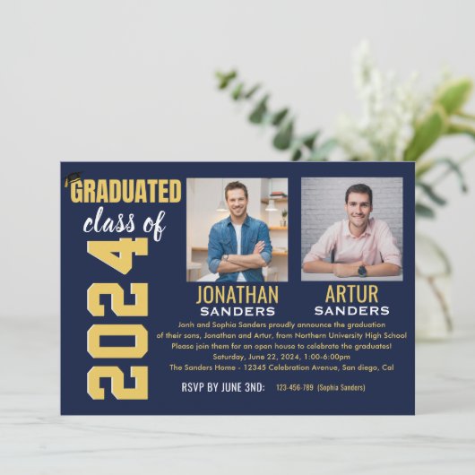 Modern Graduation Party with 2 Photos in Blue 招待状 (スタンド正面)