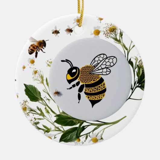Modern Graphic Bee Botanical Wreath Ceramic Circle セラミックオーナメント (正面)