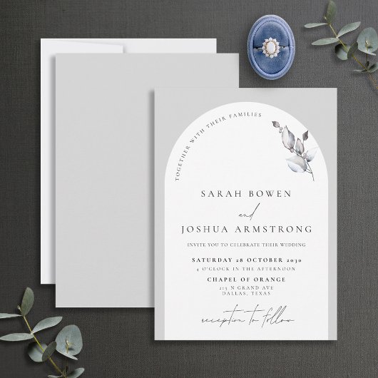 Modern Gray Arch Botanical Script Wedding 招待状