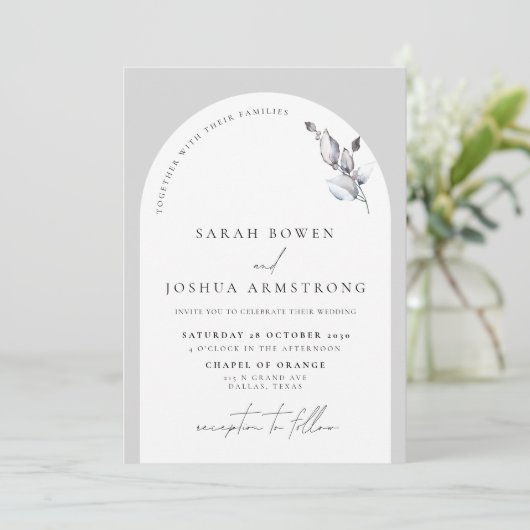 Modern Gray Arch Botanical Script Wedding 招待状 (スタンド正面)