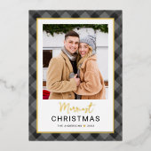 Modern Gray Black Buffalo Plaid Christmas Photo 箔シーズンカード (正面)