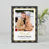 Modern Gray Black Buffalo Plaid Christmas Photo 箔シーズンカード (立ち正面)