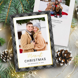 Modern Gray Black Buffalo Plaid Christmas Photo 箔シーズンカード