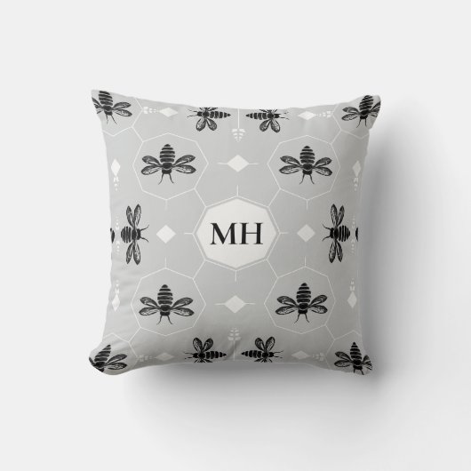 Modern Gray Elegant Black Bee Pattern Monogram クッション (正面)