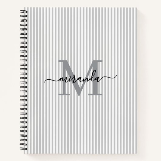 Modern Gray & White Stripes Monogram Name ノートブック (正面)