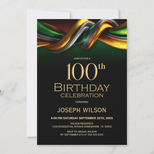 Modern Green and Gold 100th Birthday Party 招待状 (正面)