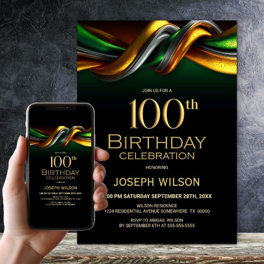 Modern Green and Gold 100th Birthday Party 招待状