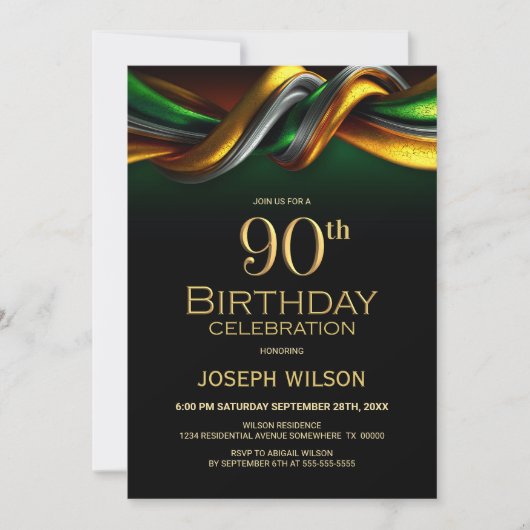 Modern Green and Gold 90th Birthday Party 招待状 (正面)