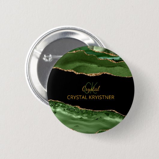 Modern Green and Gold Glitter Monogram 缶バッジ (正面&裏面)